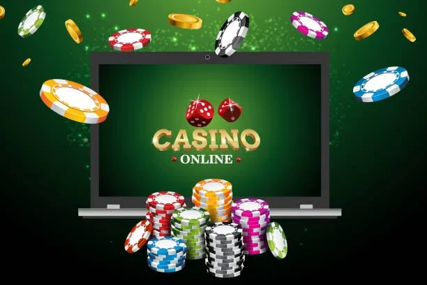 সবুজ পটভূমিতে ‘CASINO ONLINE’ লেখা স্ক্রিনের সামনে বিভিন্ন রঙের ক্যাসিনো চিপসের ইলাস্ট্রেশন।